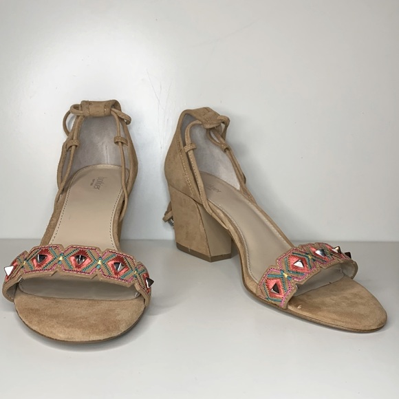 NWOT Vintage Botkier Suede Penelope City Sandal Lace Up Aztec Beaded Heel - Picture 9 of 14